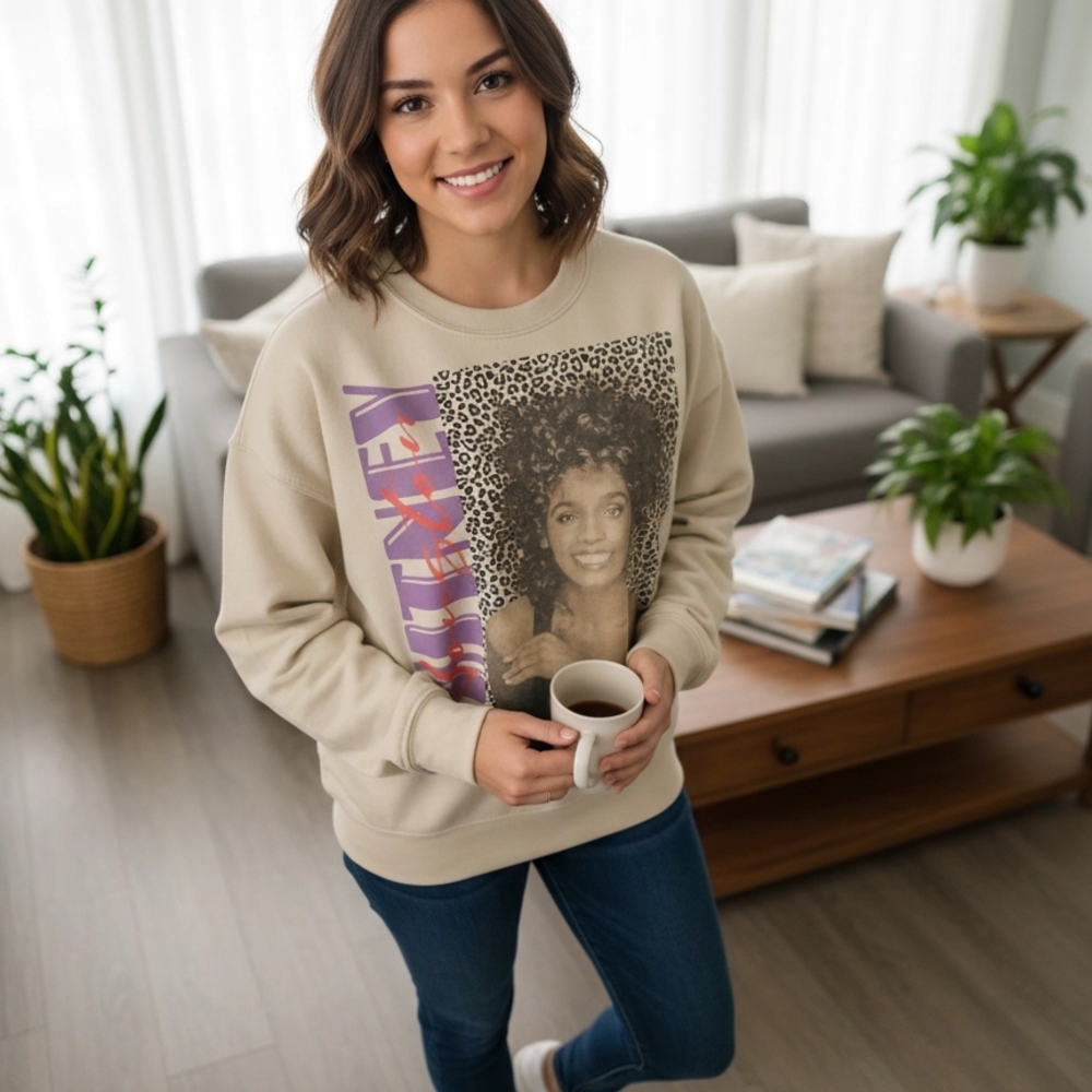 Beige Graphic Sweatshirt with Purple Text